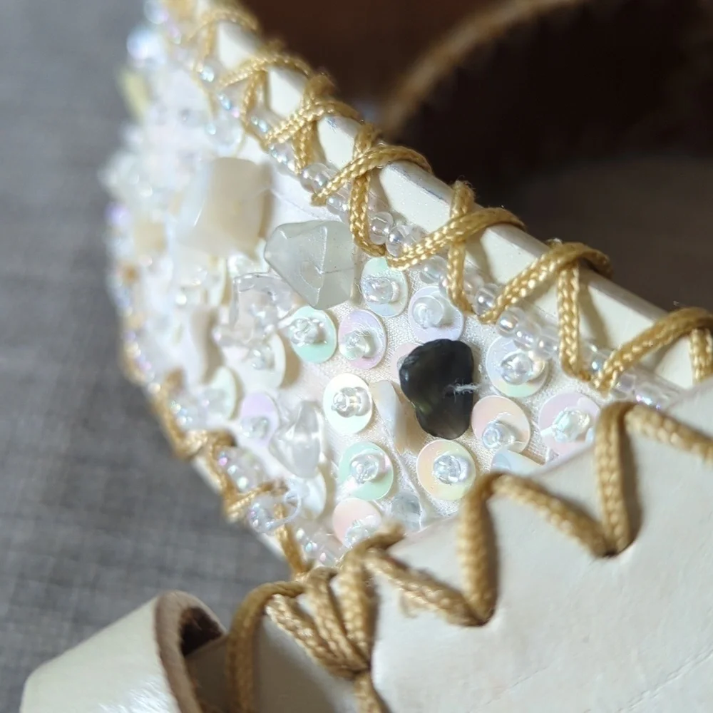Ivory Genuine Leather Beaded Belt Gold Whipstitch Sequin Boho Western